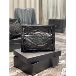 YSL Saint Laurent NIKI Borsa shopping media in pelle stropicciata vintage Nera