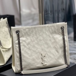 YSL Saint Laurent NIKI Borsa shopping media in pelle stropicciata vintage Bianco