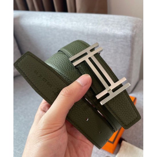 Replica Fibbia per cintura Hermes H Au Carré &amp; Cinturino in pelle reversibile 32mm verde