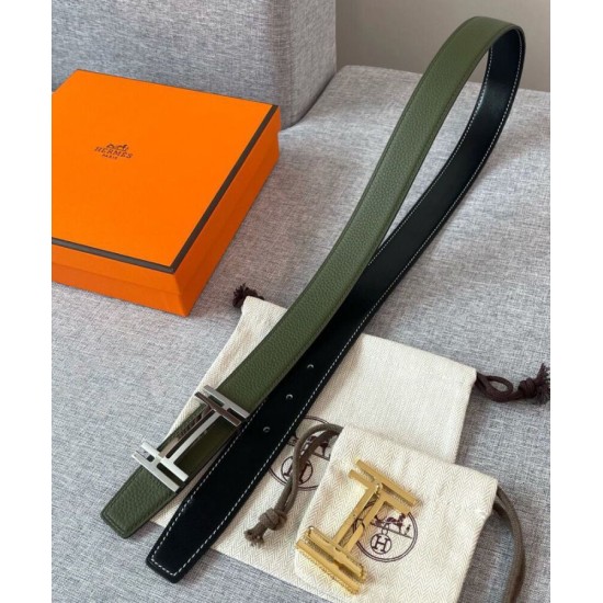 Replica Fibbia per cintura Hermes H Au Carré &amp; Cinturino in pelle reversibile 32mm verde