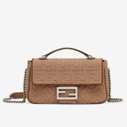 Fendi Borsa Midi Baguette Con Catena Tessuto FF Beige