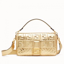 Fendi Baguette Borsa Grande In Pelle Di Agnello Con Motivo FF Oro