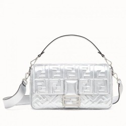 Fendi Baguette Borsa Grande In Pelle Di Agnello Con Motivo FF Argento