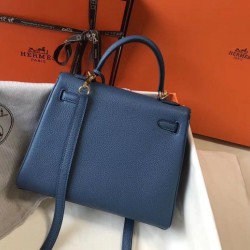 Hermes Kelly 25cm Borsa Sellier Clemence Pelle Blu
