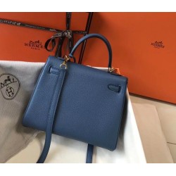 Hermes Kelly 25cm Borsa Sellier Clemence Pelle Blu Hermes Kelly 25cm Borsa Sellier Clemence Pelle Blu