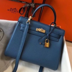 Hermes Kelly 25cm Borsa Sellier Clemence Pelle Blu