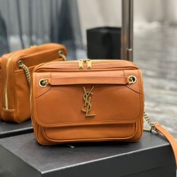 Borsa fotografica YSL Saint Laurent Niki in pelle liscia Cognac