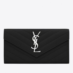 Portafoglio grande con patta monogramma YSL Saint Laurent nero argento