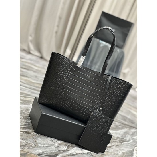 Replica Borsa Shopping YSL Saint Laurent Tote In Pelle Stampa Coccodrillo Nera