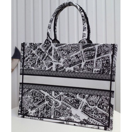 Replica Christian Dior Large Dior Book Tote Borsa con motivo Plan de Paris ricamato nera / bianca Replica Christian Dior Large Dior Book Tote Borsa con motivo Plan de Paris ricamato nera / bianca