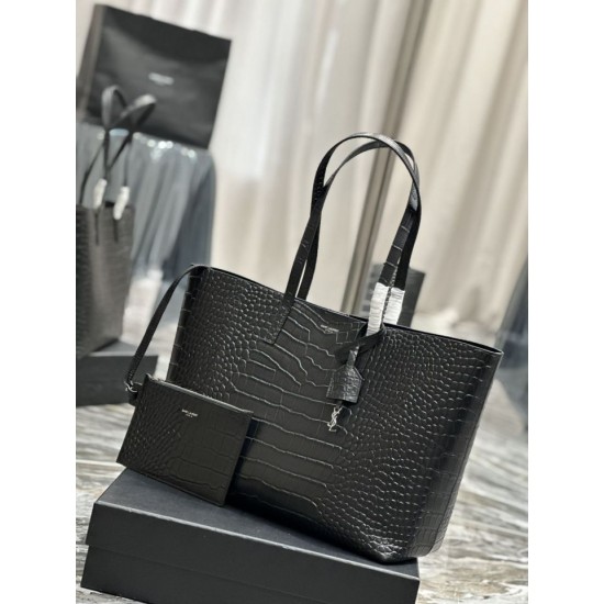 Replica YSL Saint Laurent Shopping Tote Bag Pelle Stampa Coccodrillo Nera