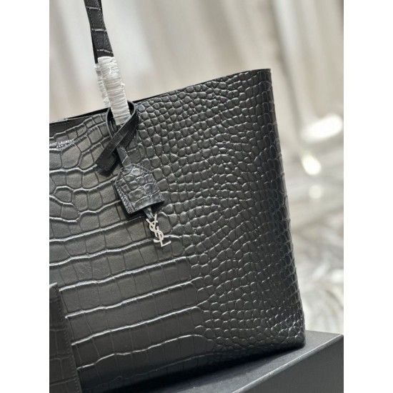 Replica YSL Saint Laurent Shopping Tote Bag Pelle Stampa Coccodrillo Nera
