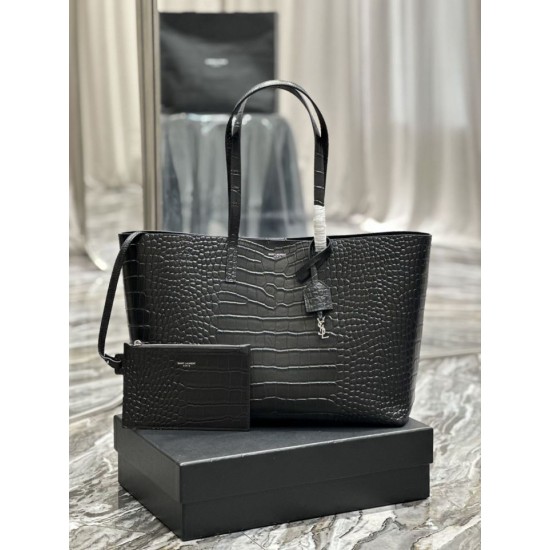 Replica YSL Saint Laurent Shopping Tote Bag Pelle Stampa Coccodrillo Nera