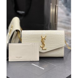Portafoglio YSL Saint Laurent Uptown Con Catena Pelle Lucida Con Stampa Coccodrillo Bianco