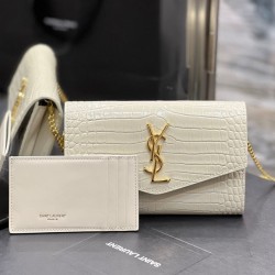 Portafoglio YSL Saint Laurent Uptown Con Catena Pelle Lucida Con Stampa Coccodrillo Bianco