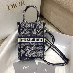 Borsa per telefono Dior Mini Book Tote Toile de Jouy Ricamo inverso Blu