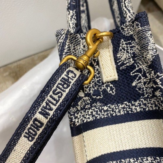 Replica Borsa per telefono Dior Mini Book Tote Toile de Jouy Ricamo inverso Blu