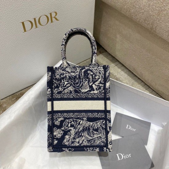 Replica Borsa per telefono Dior Mini Book Tote Toile de Jouy Ricamo inverso Blu