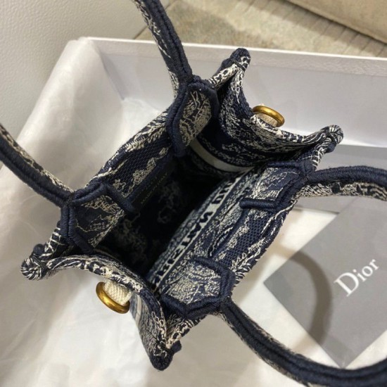 Replica Borsa per telefono Dior Mini Book Tote Toile de Jouy Ricamo inverso Blu