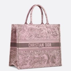 Borsa tote grande per libri Dior Toile de Jouy Sauvage ricamo rosa / grigio