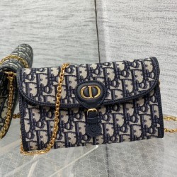 Pochette con catena Dior Bobby East-West Jacquard obliquo blu