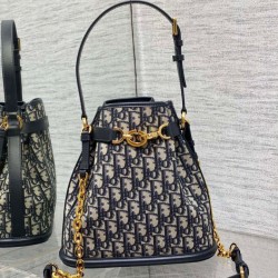 Borsa a secchiello media Dior C'est Jacquard obliquo blu