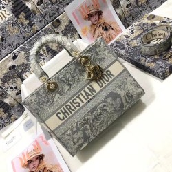 Borsa Dior Large Lady D-Lite Toile de Jouy Reverse Ricamo Grigio