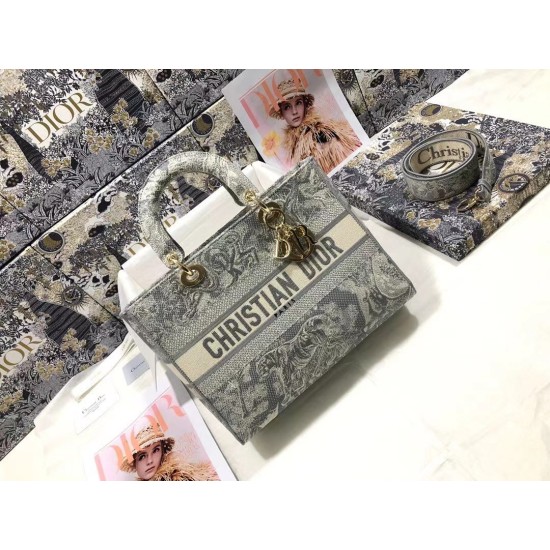 Replica Borsa Dior Large Lady D-Lite Toile de Jouy Reverse Ricamo Grigio