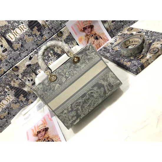 Replica Borsa Dior Large Lady D-Lite Toile de Jouy Reverse Ricamo Grigio