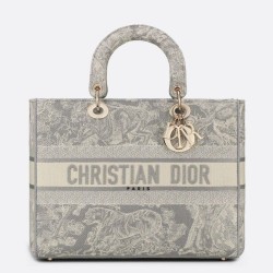 Borsa Dior Large Lady D-Lite Toile de Jouy Reverse Ricamo Grigio