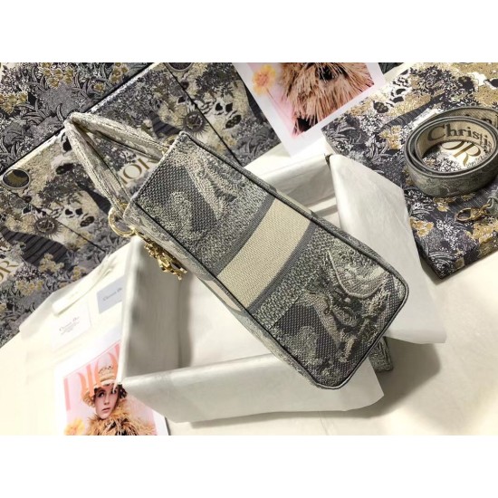 Replica Borsa Dior Large Lady D-Lite Toile de Jouy Reverse Ricamo Grigio