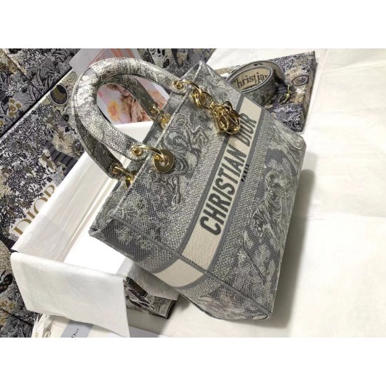 Replica Borsa Dior Large Lady D-Lite Toile de Jouy Reverse Ricamo Grigio