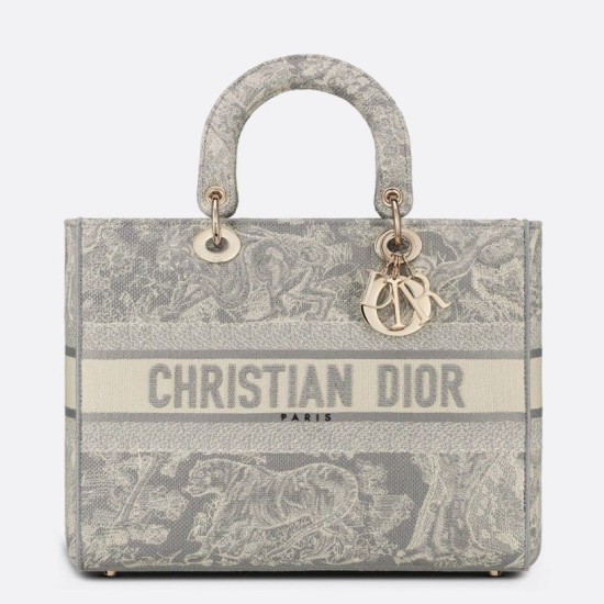 Replica Borsa Dior Large Lady D-Lite Toile de Jouy Reverse Ricamo Grigio