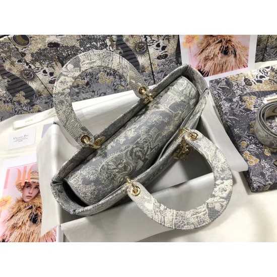 Replica Borsa Dior Large Lady D-Lite Toile de Jouy Reverse Ricamo Grigio