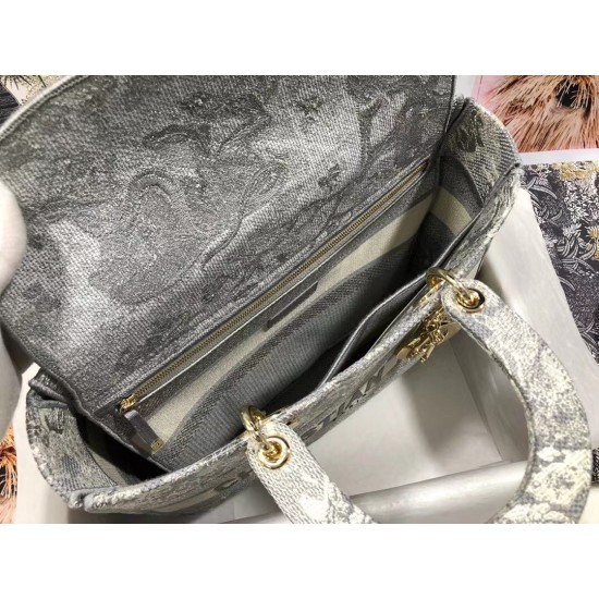 Replica Borsa Dior Large Lady D-Lite Toile de Jouy Reverse Ricamo Grigio