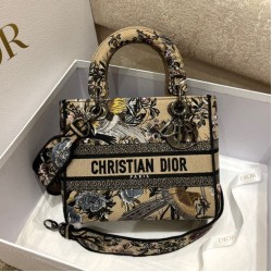 Borsa Dior Medium Lady D-Lite con ricamo Jardin d'Hiver beige