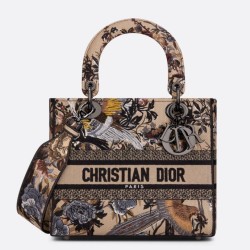 Borsa Dior Medium Lady D-Lite con ricamo Jardin d'Hiver beige