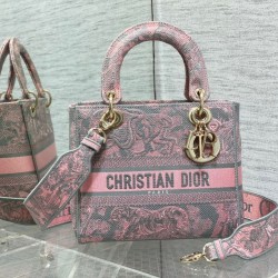 Borsa media Dior Lady D-Lite Toile de Jouy ricamo inverso Grigio / Rosa