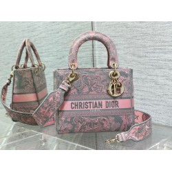 Borsa media Dior Lady D-Lite Toile de Jouy ricamo inverso Grigio / Rosa