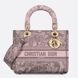 Borsa media Dior Lady D-Lite Toile de Jouy ricamo inverso Grigio / Rosa
