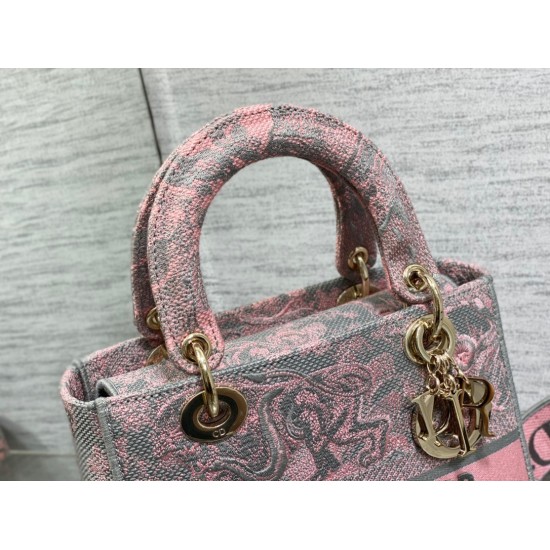Replica Borsa media Dior Lady D-Lite Toile de Jouy ricamo inverso Grigio / Rosa Replica Borsa media Dior Lady D-Lite Toile de Jouy ricamo inverso Grigio / Rosa