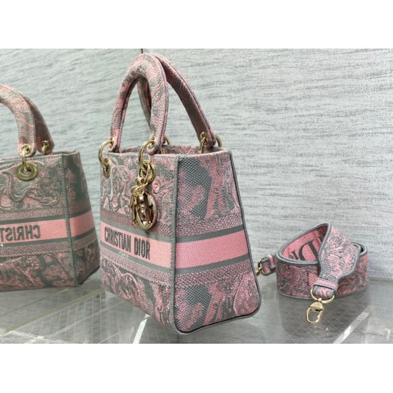 Replica Borsa media Dior Lady D-Lite Toile de Jouy ricamo inverso Grigio / Rosa Replica Borsa media Dior Lady D-Lite Toile de Jouy ricamo inverso Grigio / Rosa