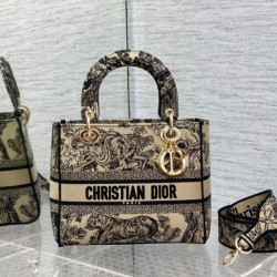 Borsa Dior Medium Lady D-Lite Toile de Jouy Ricamo Marrone