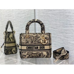 Borsa Dior Medium Lady D-Lite Toile de Jouy Ricamo Marrone