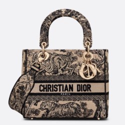 Borsa Dior Medium Lady D-Lite Toile de Jouy Ricamo Marrone