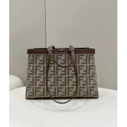 Shopper Fendi X-Tote in lana pied de poule con ricamo FF 8BH374 Marrone