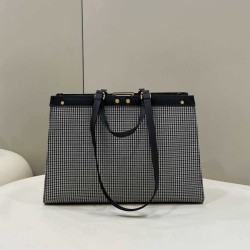 Shopper Fendi X-Tote in lana pied de poule con ricamo FF 8BH374 Grigia