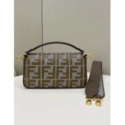 Borsa Fendi Baguette 8BR600 in lana pied de poule con ricamo FF Marrone