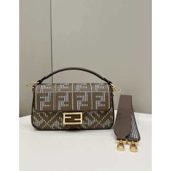 Borsa Fendi Baguette 8BR600 in lana pied de poule con ricamo FF Marrone