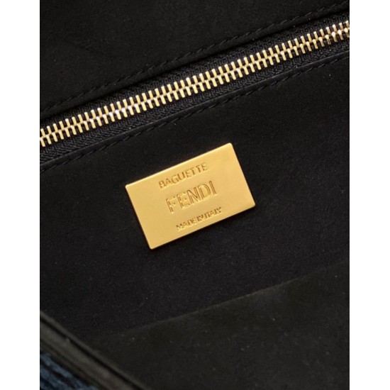 Replica Borsa in tessuto arazzo Fendi 8BR600 Baguette Chain Midi FF Blu Navy Replica Borsa in tessuto arazzo Fendi 8BR600 Baguette Chain Midi FF Blu Navy